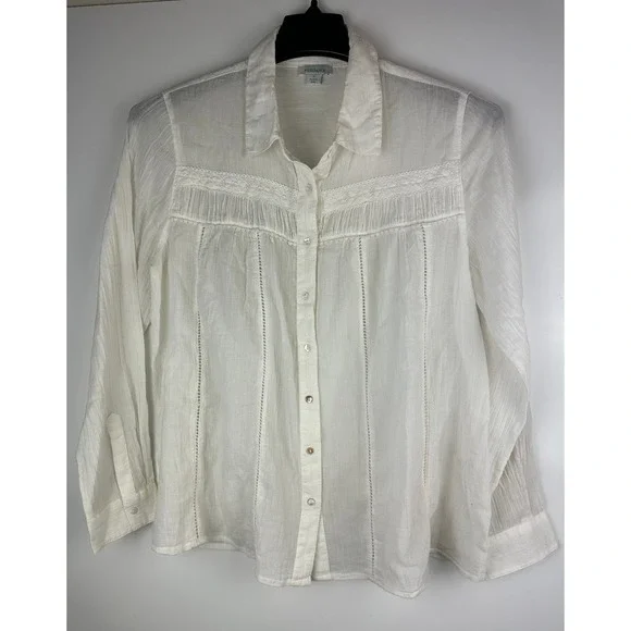 Sundance White Cotton Long Sleeve Button Up Blouse Crochet Boho Sheer Size Small - Picture 13 of 14